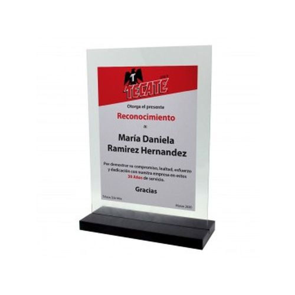 RECONOCIMIENTO    ECONOMICO  DE  CRISTAL  CON  BASE  DE MADERA    CON   LAMINA PLATA O DORADA  IMPRESA  CON SHINE COLOR MEDIDA 18.9 X 26.5 CM imagen